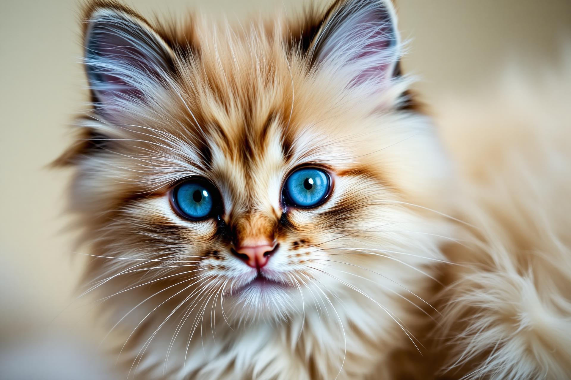 Flauschiges cremefarbenes Kätzchen mit strahlend blauen Augen